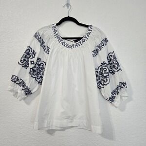 Tommy Hilfiger Embroidered Peasant Blouse Top White Blue Bohemian Large‎ L